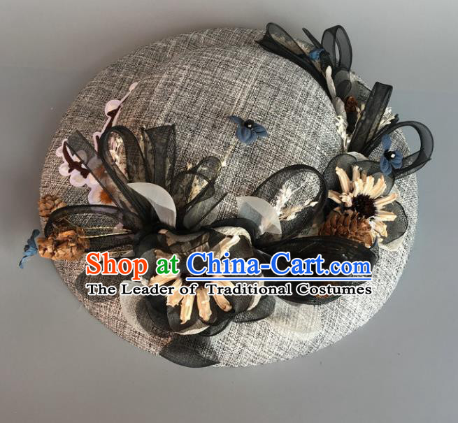 Handmade Baroque Hair Accessories Model Show Flowers Grey Top Hat, Bride Ceremonial Occasions Headwear for Women