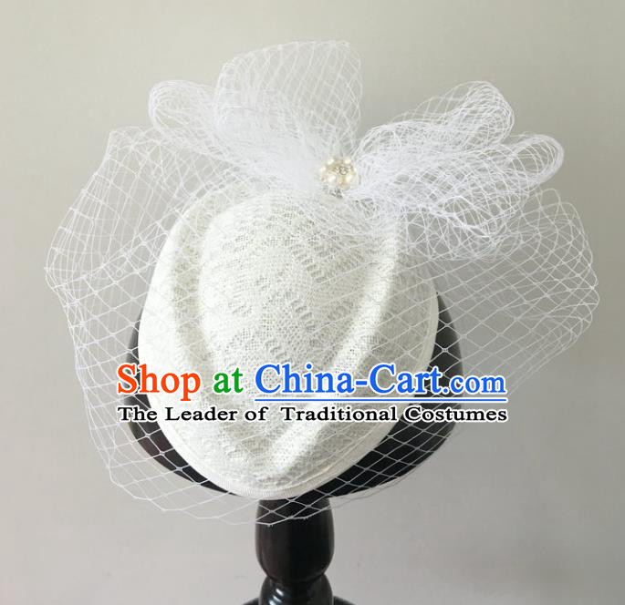 Handmade Baroque Hair Accessories White Lace Headwear, Bride Ceremonial Occasions Veil Hat for Women