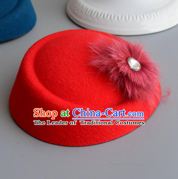 Top Grade Handmade Wedding Hair Accessories Bride Headwear, Baroque Style Red Crystal Top Hat for Women