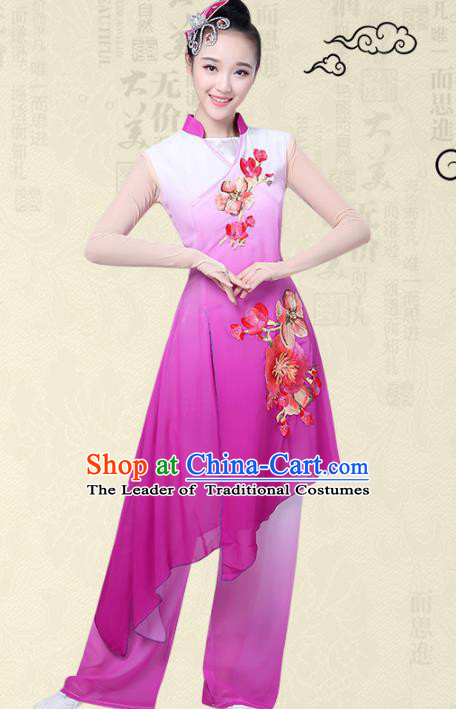 Traditional Chinese Classical Yangge Fan Dance Embroidered Costume, Folk Dance Uniform Classical Dance Purple Clothing for Women