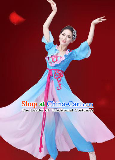 Traditional Chinese Yangge Fan Dance Embroidered Costume, Folk Dance Uniform Classical Dance Blue Dress Clothing for Women