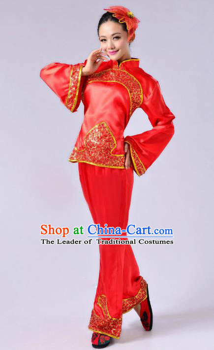 Traditional Chinese Yangge Fan Dance Mandarin Sleeve Satin Costume, Folk Dance Red Uniform Classical Dance Clothing for Women