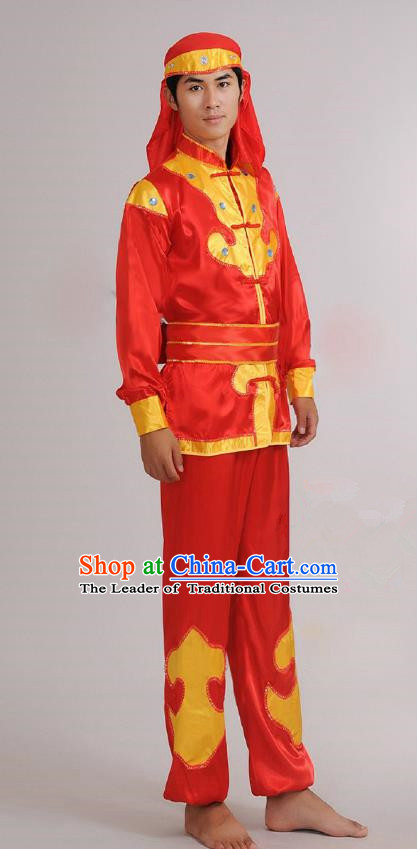 Traditional Chinese Classical Yangge Dance Embroidered Costume, Folk Lion Dance Uniform Drum Dance Red Clothing for Men