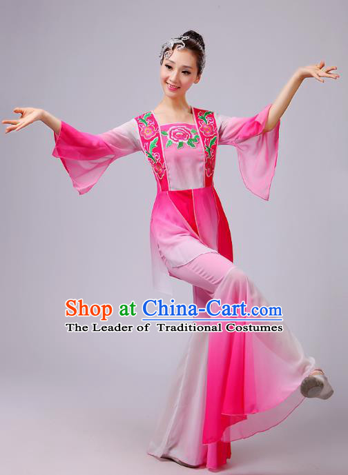 Traditional Chinese Yangge Dance Pink Costume, Folk Lotus Dance Uniform Classical Umbrella Dance Embroidery Clothing for Women