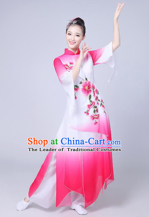 Traditional Chinese Classical Yanko Dance Embroidered Costume, Folk Fan Dance Pink Uniform Umbrella Dance Dress for Women