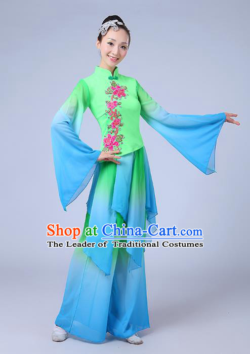 Traditional Chinese Yangge Dance Embroidered Green Costume, Folk Fan Dance Uniform Classical Drum Dance Clothing for Women