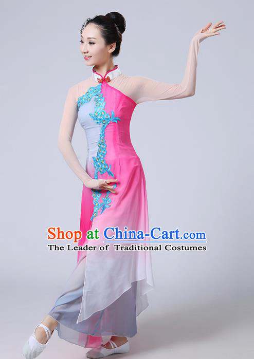 Traditional Chinese Yangge Dance Embroidered Pink Costume, Folk Fan Dance Uniform Classical Drum Dance Clothing for Women