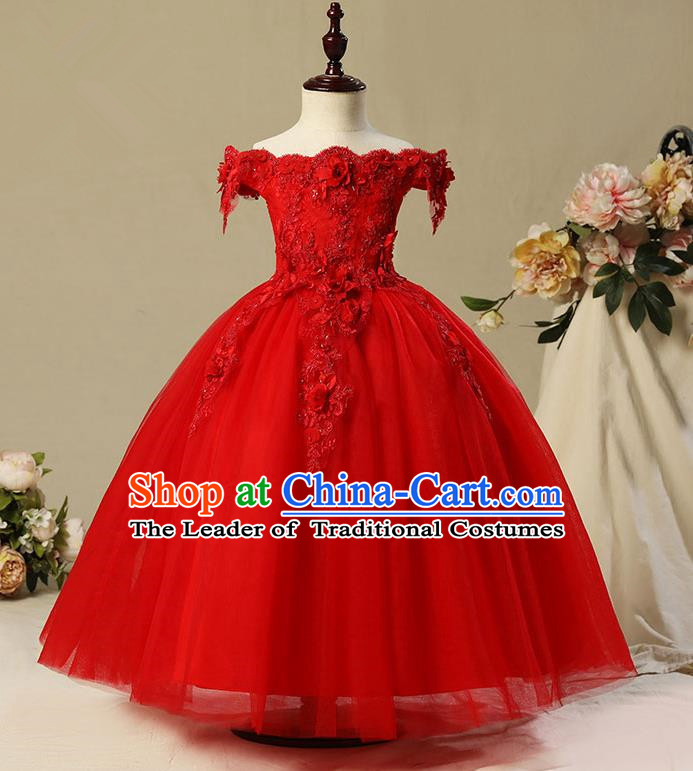 Children Modern Dance Flower Fairy Costume, Classic Chorus Group Clothing Princess Red Bubble Veil Dress for Girls