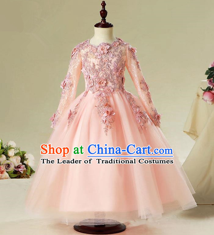 Children Modern Dance Flower Fairy Costume Pink Bubble Dress, Performance Model Show Clothing Princess Veil Long Full Dress for Girls
