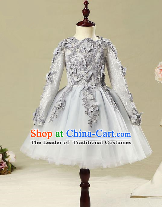 Children Modern Dance Flower Fairy Costume Grey Bubble Dress, Performance Model Show Clothing Princess Veil Short Full Dress for Girls