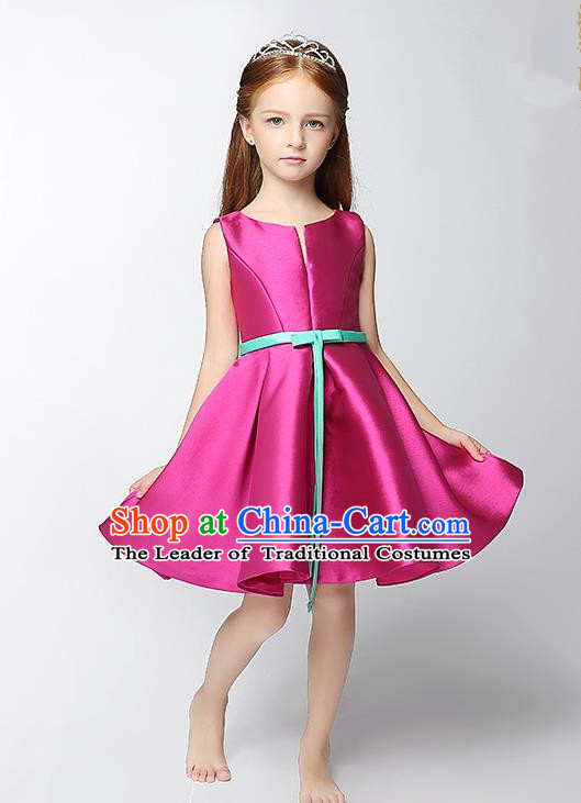 Children Modern Dance Costume Rosy Satin Short Dress, Ceremonial Occasions Model Show Princess Full Dress for Girls