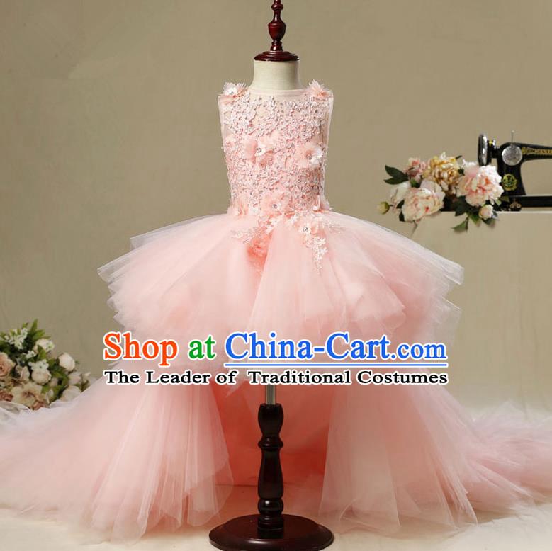 Children Modern Dance Costume Trailing Pink Short Dress, Ceremonial Occasions Model Show Princess Veil Full Dress for Girls