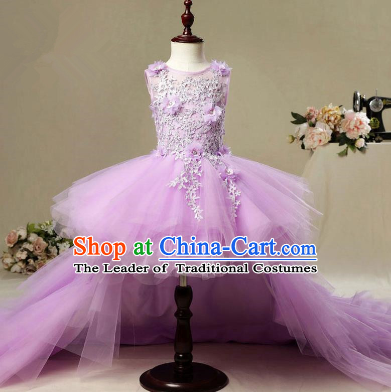 Children Modern Dance Costume Trailing Purple Short Dress, Ceremonial Occasions Model Show Princess Veil Full Dress for Girls