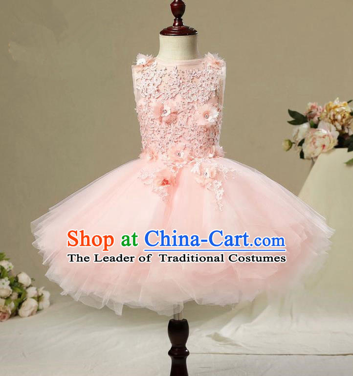 Children Modern Dance Costume Pink Short Bubble Dress, Ceremonial Occasions Model Show Princess Veil Full Dress for Girls