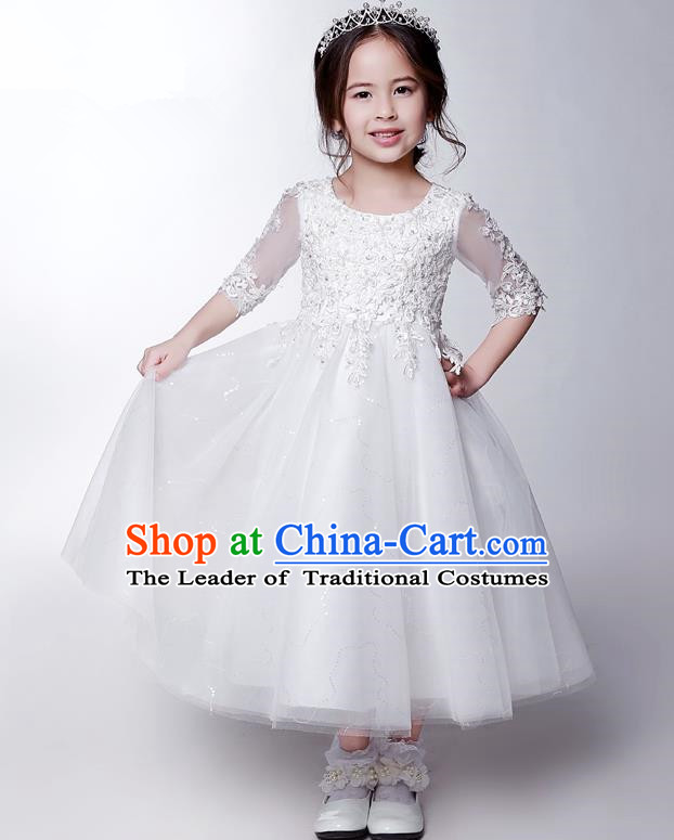 Children Modern Dance Costume White Beading Embroidery Dress, Ceremonial Occasions Model Show Princess Veil Long Full Dress for Girls