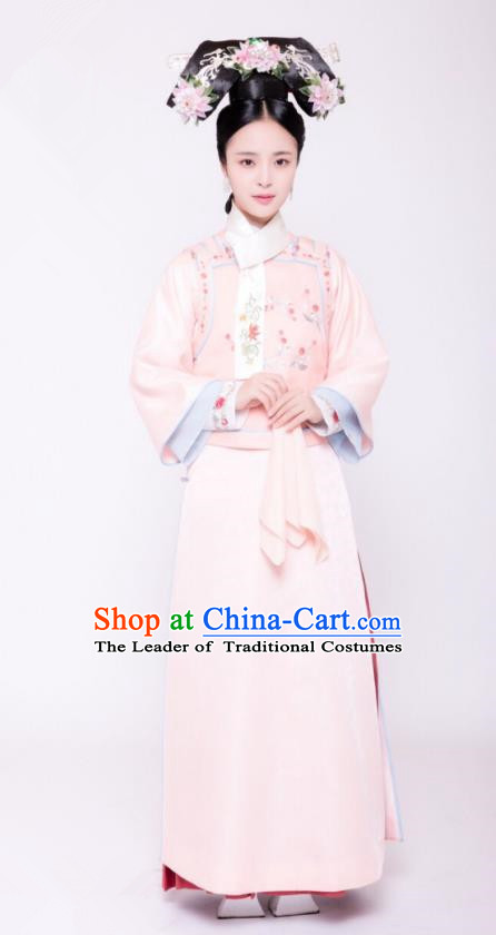 Traditional Chinese Ancient Palace Lady Costume, Qing Dynasty Manchu Princess Embroidered Clothing and Handmade Headpiece Complete Set