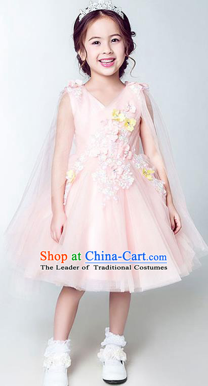 Children Model Show Dance Costume Embroidery Pink Bubble Dress, Ceremonial Occasions Catwalks Princess Short Full Dress for Girls