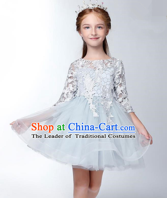 Children Model Show Dance Costume Embroidered Blue Lace Dress, Ceremonial Occasions Catwalks Princess Full Dress for Girls