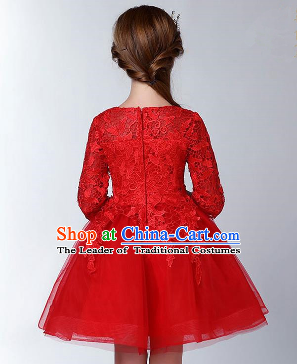 Top Compere Performance Catwalks Costume Children Chorus Red Dress with Wings Modern Dance Princess Short Red Bubble Dress for Girls Kids