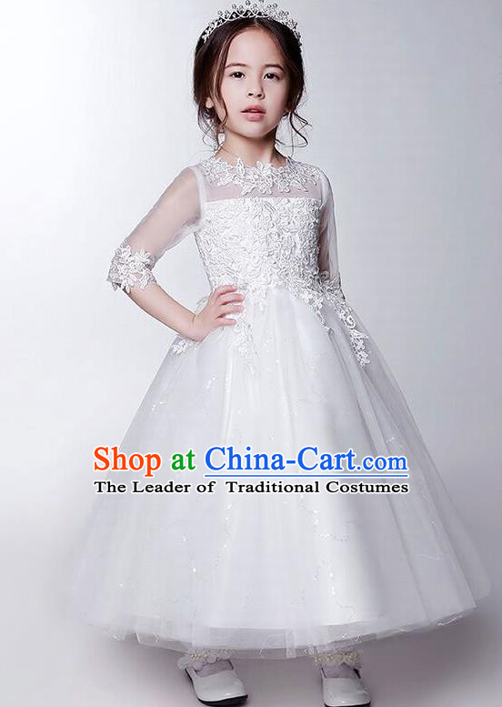 Children Model Show Dance Costume White Bubble Dress, Ceremonial Occasions Catwalks Princess Full Dress for Girls