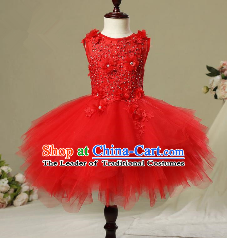 Children Christmas Model Show Dance Costume Red Veil Bubble Dress, Ceremonial Occasions Catwalks Princess Full Dress for Girls