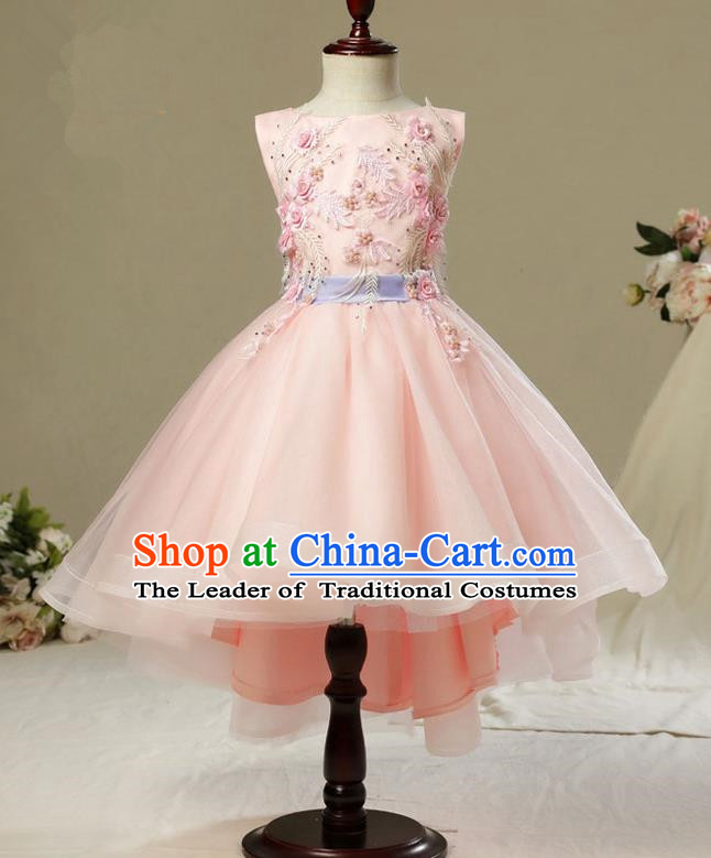 Children Model Show Dance Costume Pink Embroidered Bubble Dress, Ceremonial Occasions Catwalks Princess Full Dress for Girls