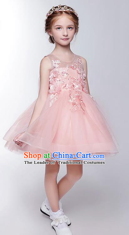 Children Christmas Model Show Dance Costume Pink Veil Dress, Ceremonial Occasions Catwalks Princess Full Dress for Girls