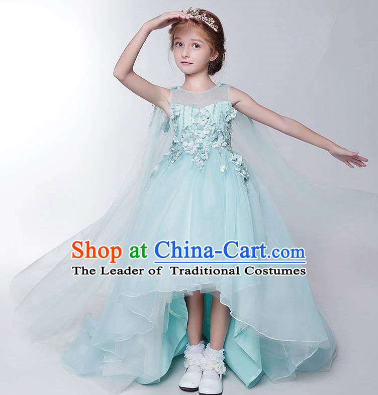 Children Model Show Dance Costume Green Veil Trailing Dress, Ceremonial Occasions Catwalks Princess Full Dress for Girls