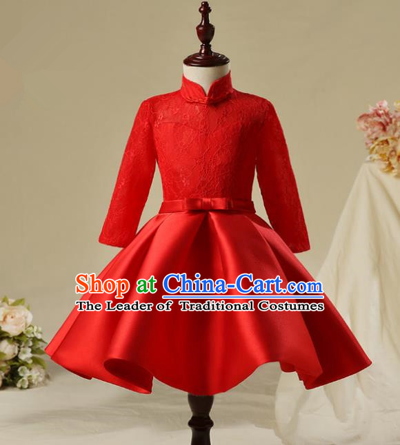 Children Model Show Dance Costume Red Lace Dress, Ceremonial Occasions Catwalks Princess Full Dress for Girls