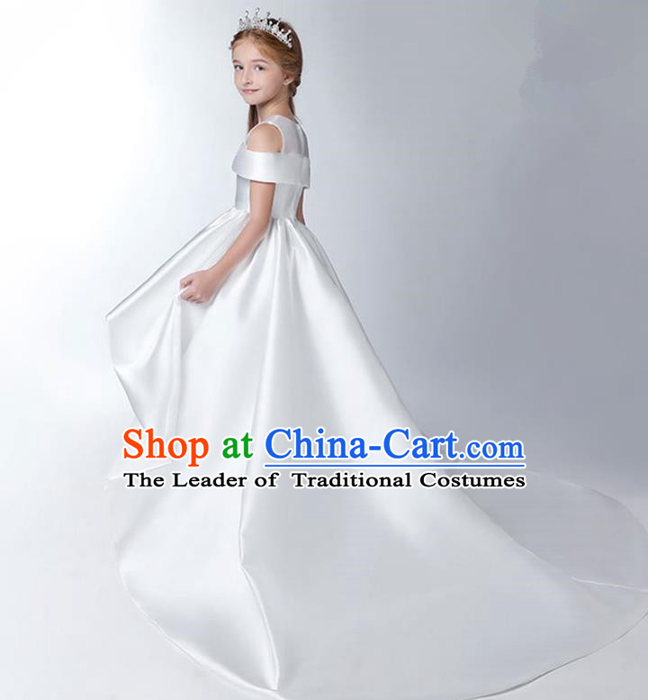 Children Model Show Dance Costume White Satin Trailing Dress, Ceremonial Occasions Catwalks Princess Full Dress for Girls