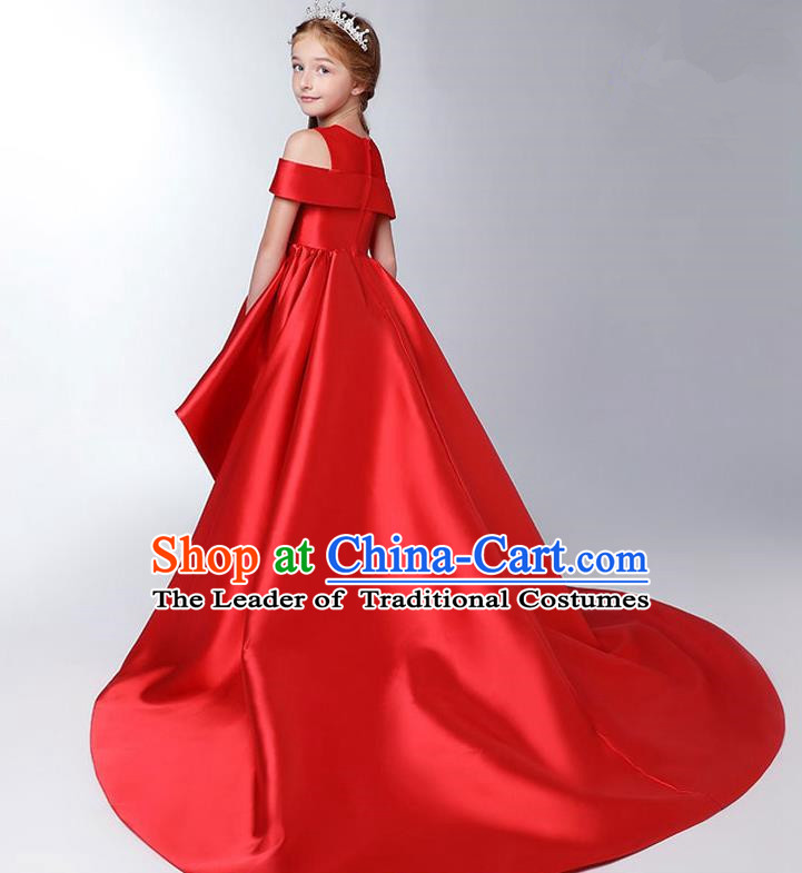 Children Model Show Dance Costume Red Satin Trailing Dress, Ceremonial Occasions Catwalks Princess Full Dress for Girls