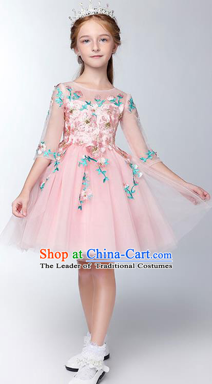 Children Model Show Dance Costume Pink Flowers Fairy Dress, Ceremonial Occasions Catwalks Princess Full Dress for Girls