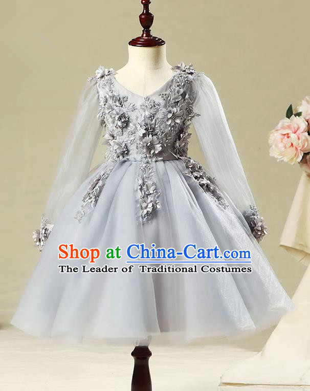 Children Model Show Dance Costume Flowers Fairy Grey Dress, Ceremonial Occasions Catwalks Princess Full Dress for Girls