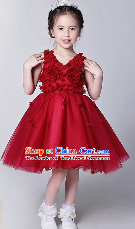 Children Model Show Dance Costume Red Veil Bubble Dress, Ceremonial Occasions Catwalks Princess Full Dress for Girls