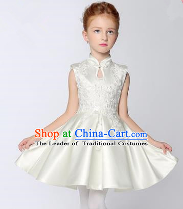 Children Model Show Dance Costume White Cheongsam Dress, Ceremonial Occasions Catwalks Princess Full Dress for Girls