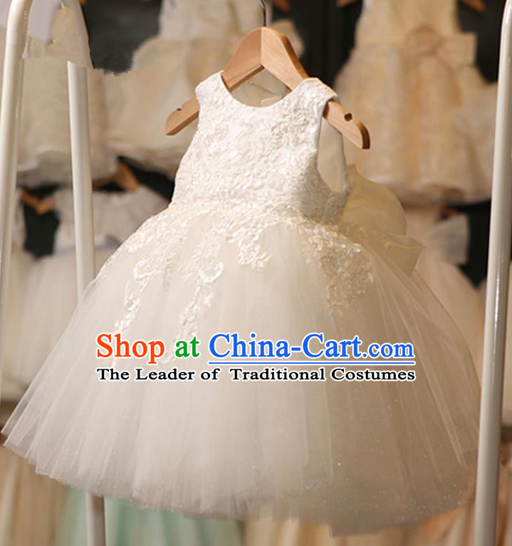 Children Model Show Dance Costume White Veil Bubble Dress, Ceremonial Occasions Catwalks Princess Full Dress for Girls