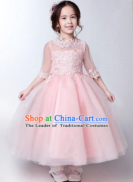 Children Model Show Ballet Dance Costume Pink Lace Dress, Ceremonial Occasions Catwalks Princess Full Dress for Girls