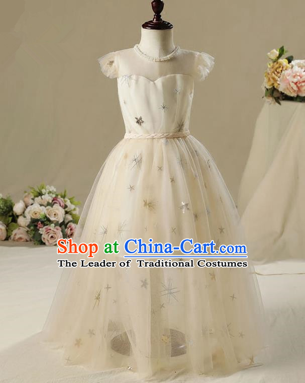 Children Model Show Dance Costume Champagne Veil Dress, Ceremonial Occasions Catwalks Princess Full Dress for Girls