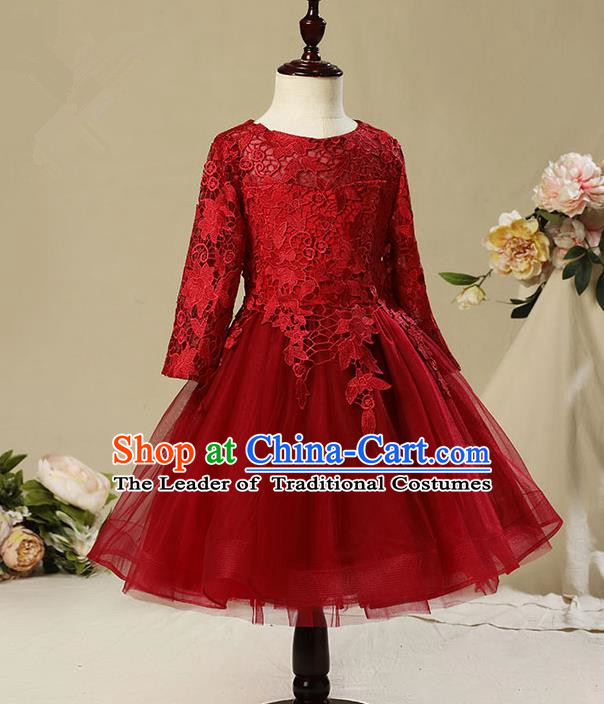 Top Compere Performance Catwalks Costume Children Chorus Red Dress with Wings Modern Dance Princess Short Red Bubble Dress for Girls Kids