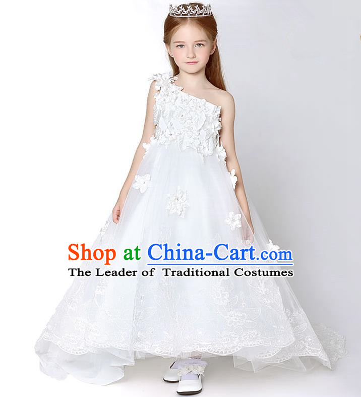 Children Model Show Dance Costume White One-shoulder Trailing Full Dress, Ceremonial Occasions Catwalks Princess Embroidery Dress for Girls