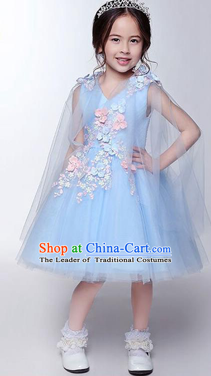 Children Model Show Dance Costume Blue Compere Full Dress, Ceremonial Occasions Catwalks Princess Embroidery Dress for Girls