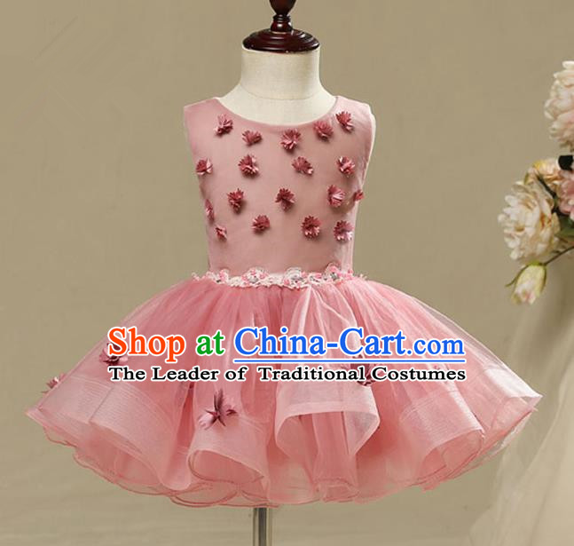 Children Model Dance Costume Compere Pink Bubble Full Dress, Ceremonial Occasions Catwalks Princess Embroidery Dress for Girls