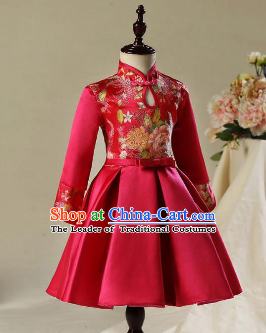 Children Model Dance Costume Compere China Wine Red Satin Cheongsam, Ceremonial Occasions Catwalks Princess Embroidery Dress for Girls