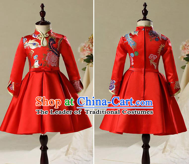 Top Compere Performance Catwalks Costume Children Chorus Red Dress with Wings Modern Dance Princess Short Red Bubble Dress for Girls Kids
