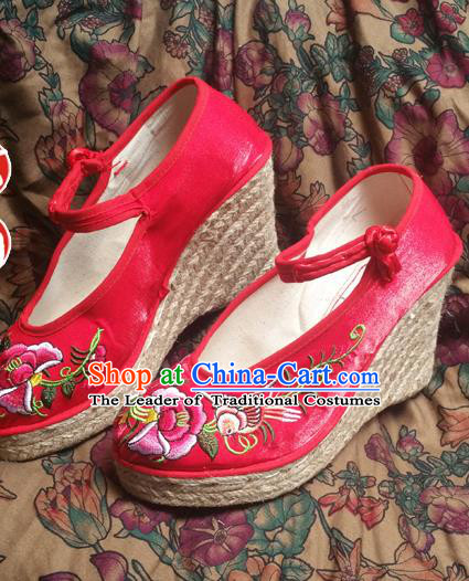 Asian Chinese National Wedding Red Embroidered Shoes, Traditional China Handmade Shoes Hanfu Embroidery Phoenix Peony Wedge Heel Shoes for Women