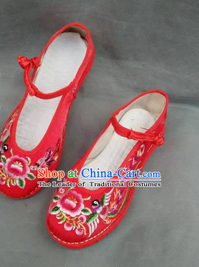 Asian Chinese National Wedding Red Embroidered Shoes, Traditional China Handmade Shoes Hanfu Embroidery Peony Shoes for Women