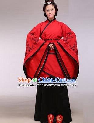 Asian China Ancient Han Dynasty Palace Lady Costume, Traditional Chinese Hanfu Imperial Consort Embroidered Red Curve Bottom Clothing for Women