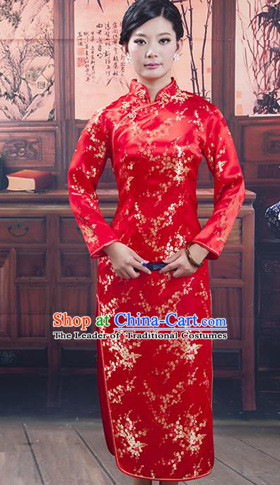 Traditional Ancient Chinese Republic of China Cheongsam, Asian Chinese Chirpaur Red Silk Qipao Dress Clothing for Women