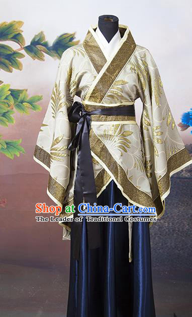 Asian China Ancient Han Dynasty Palace Lady Costume, Traditional Chinese Hanfu Embroidered Golden Curve Bottom Clothing for Women