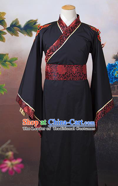 Asian China Ancient Han Dynasty Minister Costume, Traditional Chinese Chancellor Hanfu Embroidered Black Clothing for Men